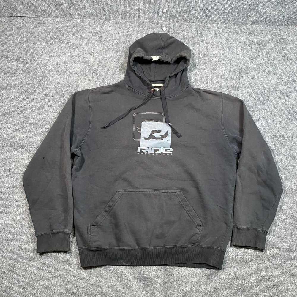Ride Snowboards Mens Large Faded Black Graphic Logo Pullover Hoodie Streetwear